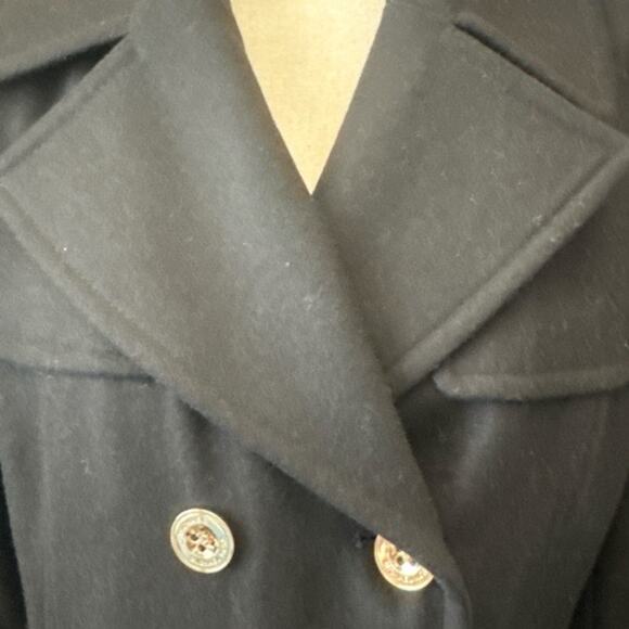 Michael Kors Black Wool Blend Double Breasted Trench Coat Brass Buttons - Picture 2 of 9